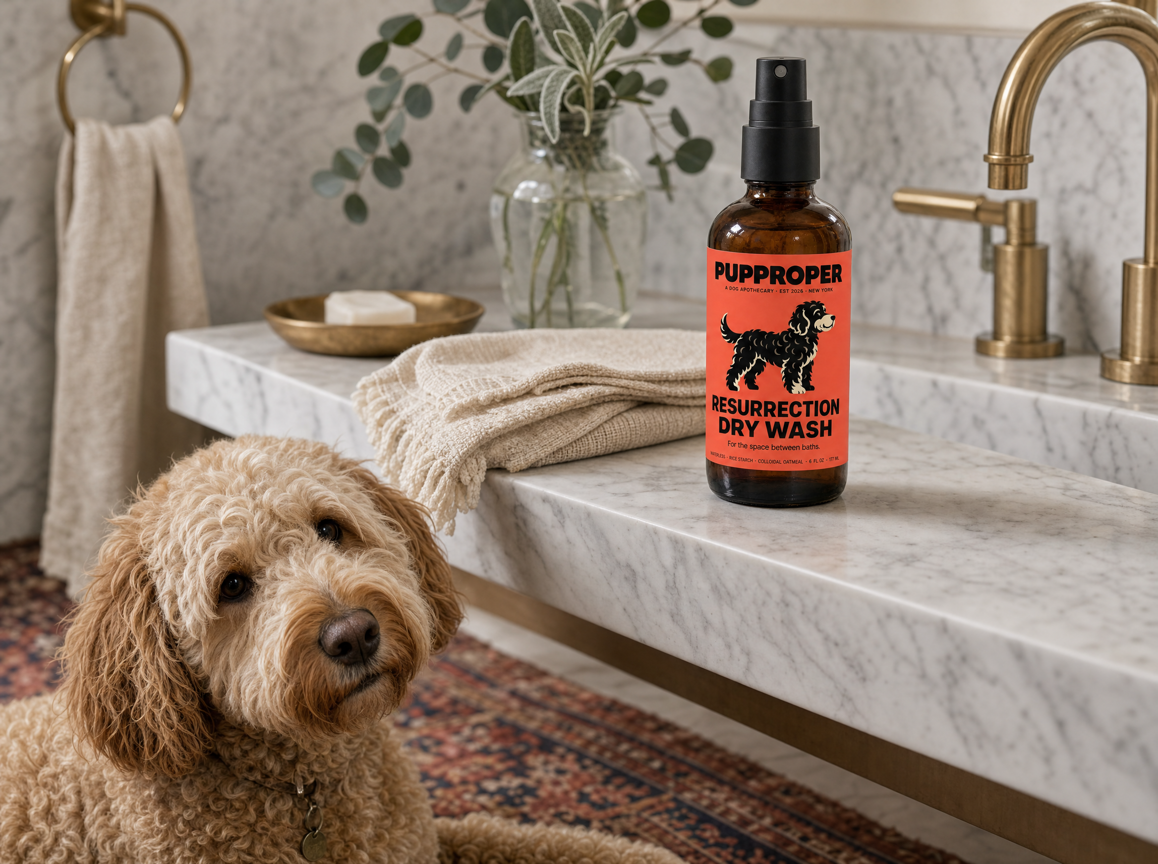 Resurrection bottle on a marble bathroom counter with a Labradoodle in the foreground
