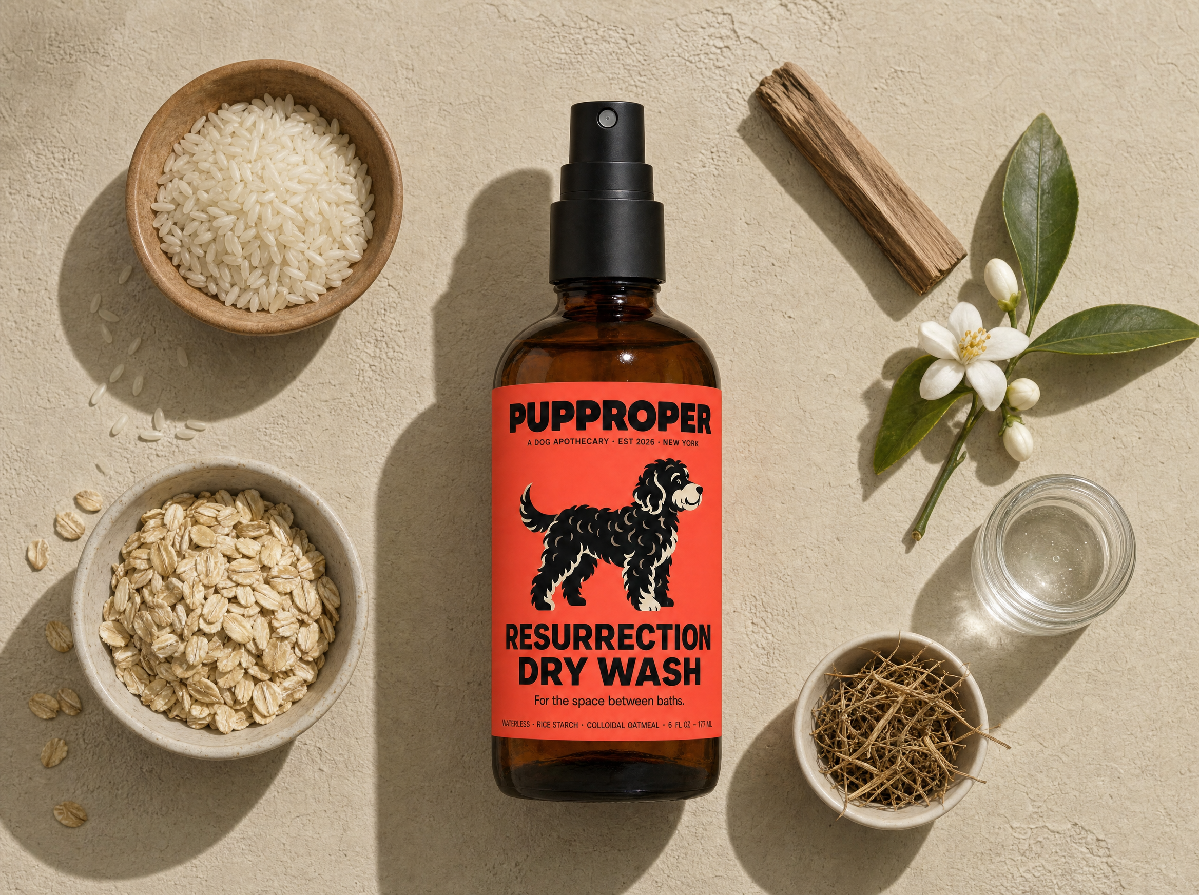 Resurrection bottle surrounded by raw rice, oats, sandalwood, neroli, glycerin, vetiver — ingredient flatlay